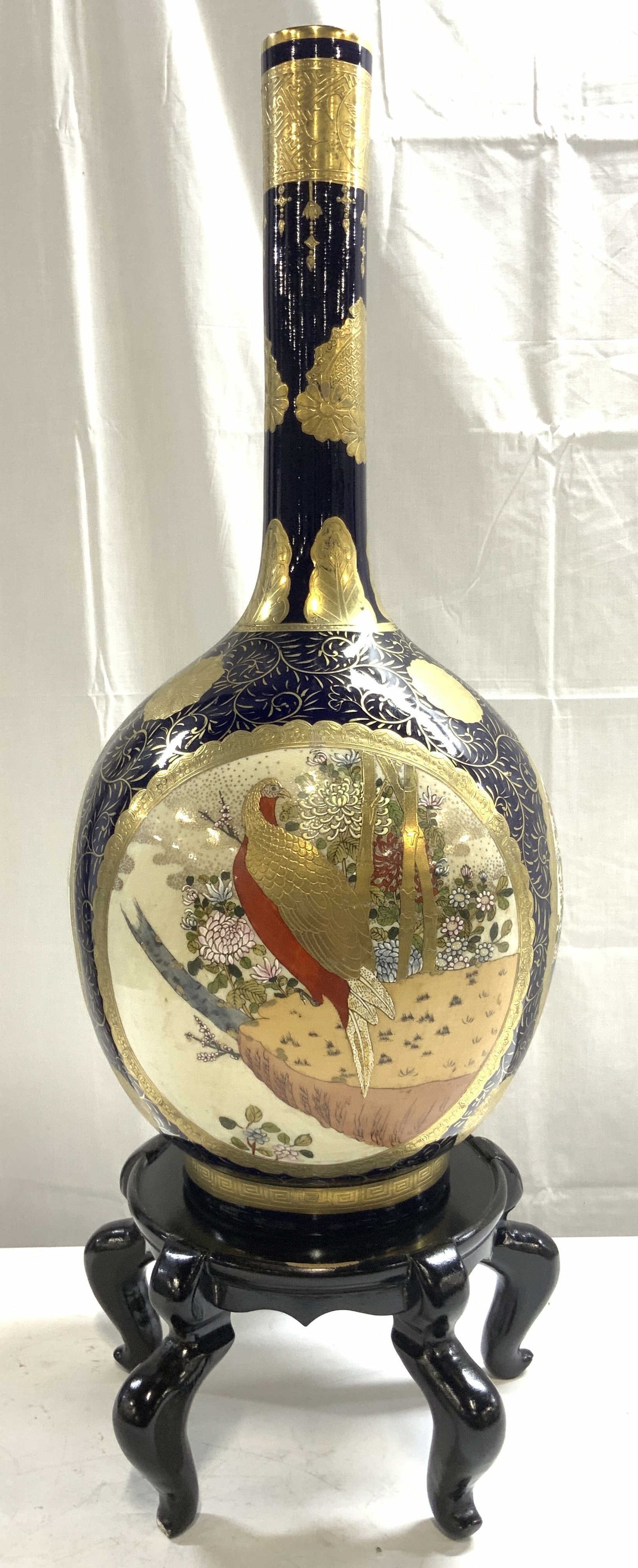 Sgn Vtg Hand Painted Asian Porc Vase W Stand 25in (1 of 12)