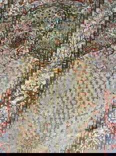 Vintage Handmade Oriental Fringed Silk Rug: Rug appears to have signature on one side. Rug is handmade and silk. Piece appears to be vintage. Oriental rug with intricate floral motif & vase detail. Rug has cream toned fringes at edges. Rug meas