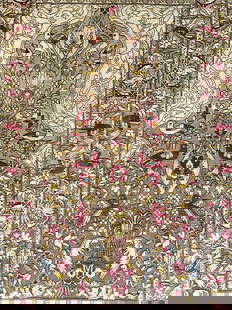 Vintage Handmade Oriental Fringed Silk Rug: Rug appears to have signature on one side. Rug is handmade and silk. Piece appears to be vintage. Oriental rug with intricate floral motif & bird detail. Rug has cream toned fringes at edges. Rug meas