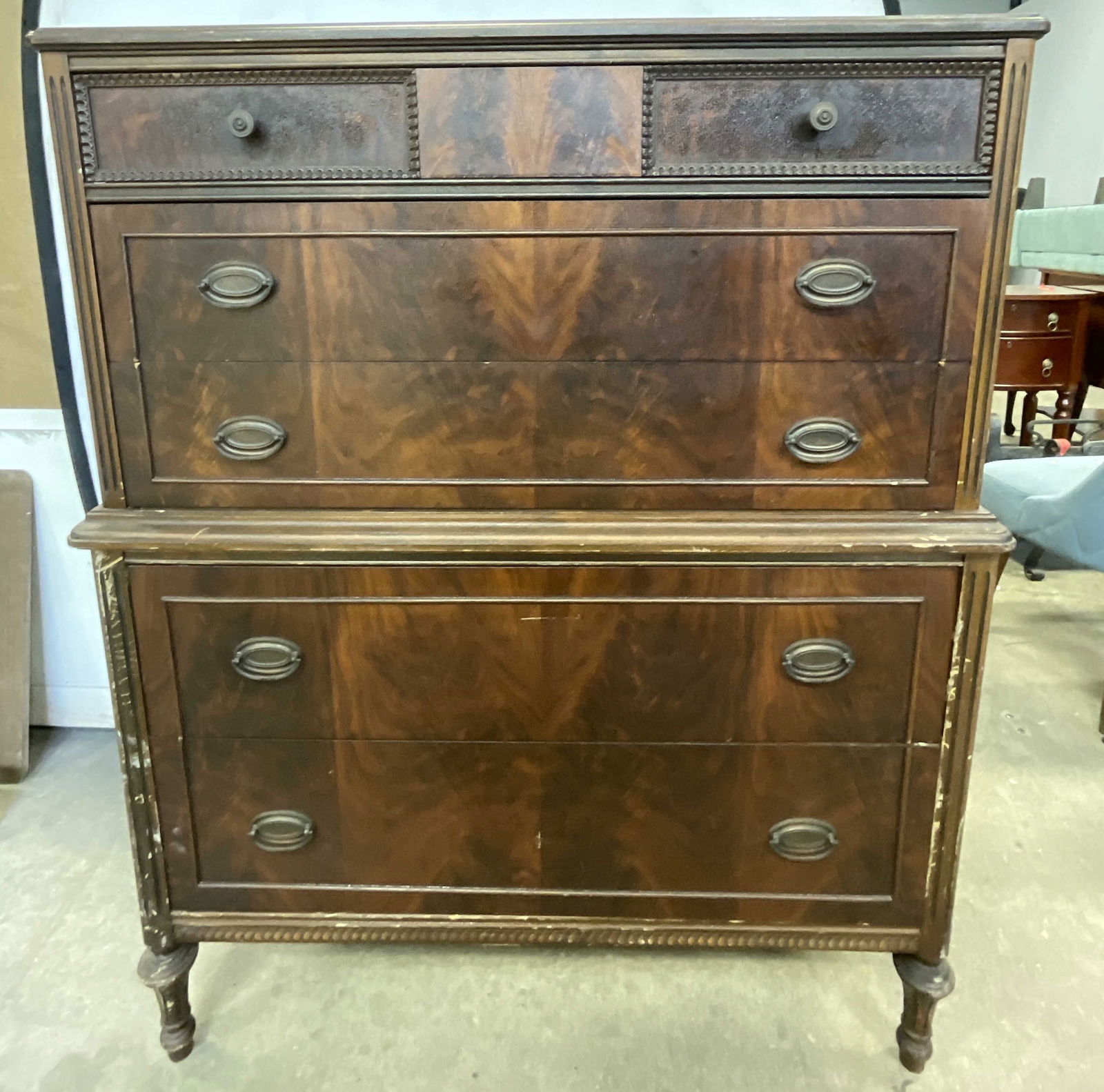 Vintage Gentlemans Highboy Dresser / Chest: Vintage Gentlemans Highboy Dresser / Chest. Burled mahogany veneer / finish over wood. Metal drawer pulls to the obverse. Five drawers to the piece. Dovetailing to the drawers. Measures approx. 39.5W