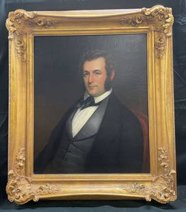 Framed Antique Portrait Of A Man Oil Painting 40in: Framed antique oil painting. Portrait of a man. No visible signature observed. Ornate wood and carved gesso frame with gilt decoration. Not examined out of frame. Frame measures approx 40 x 35 inches,