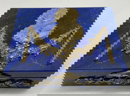 Antq Lapis Lazuli Trnk Box W Gilt Bronze Details: Antq Lapis Lazuli Trnk Box W Gilt Bronze Details2 trade marks stamped on lower left of female bust. Possibly antique French. Trinket box is detailed with guilt bronze profiles of gentlemen & lady with