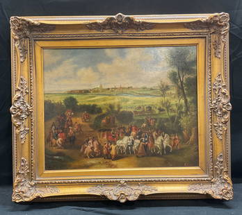Signed G Rose Equestrian Oil Painting 27in: Framed oil on board painting. Signed at lower right, G. Rose. View of figures and horses with landscape and town in background. Orange gilt wood and gesso frame. Not examined out of frame. Frame measu