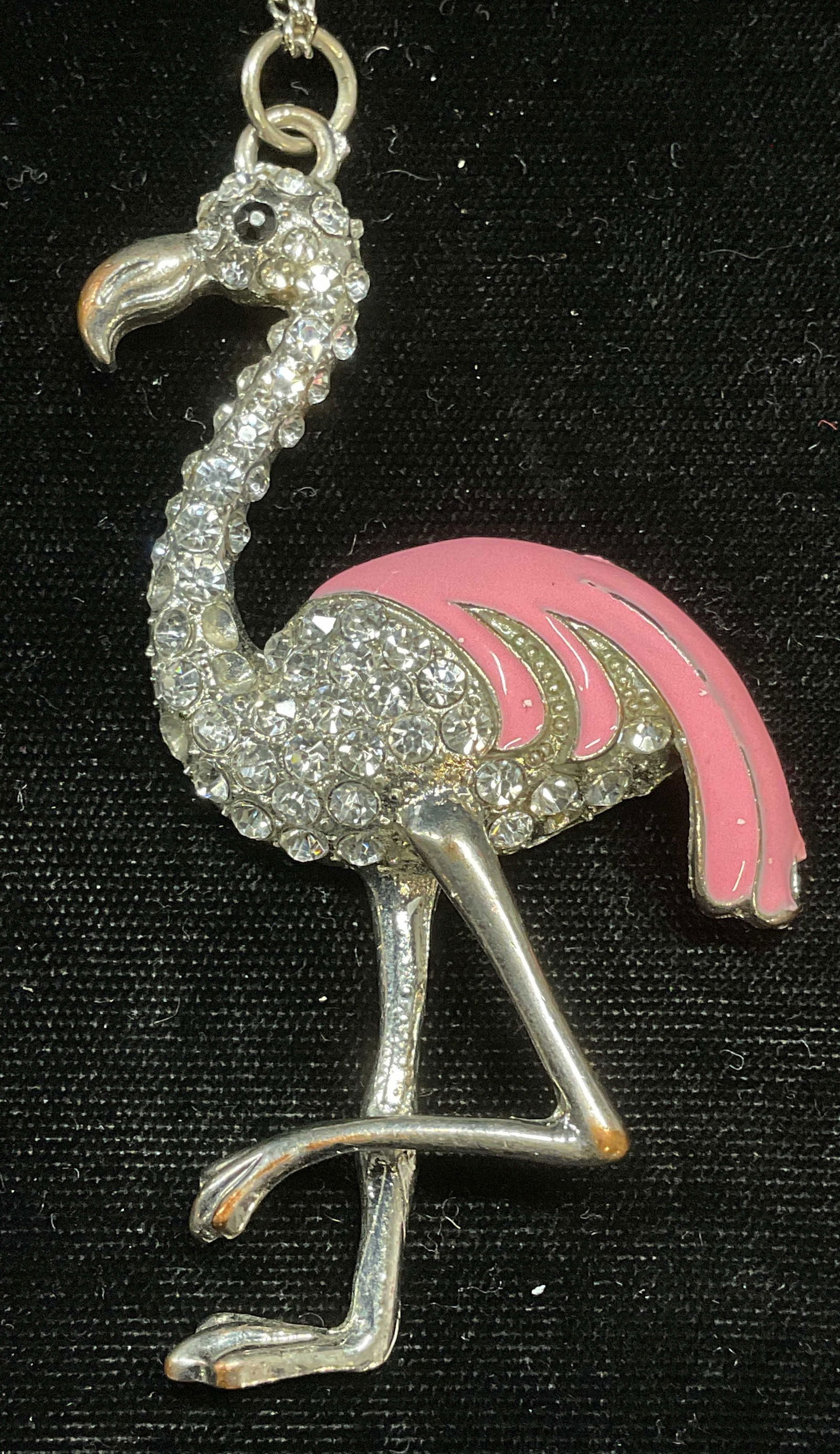 Vtg Silver Tn Crystal Flamingo Pendant Necklace (1 of 6)