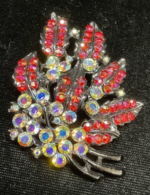 Silver Tone Pink Crystal Flower Brooch