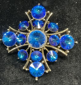 Vintage Maltese Cross Blue Crystal Brooch