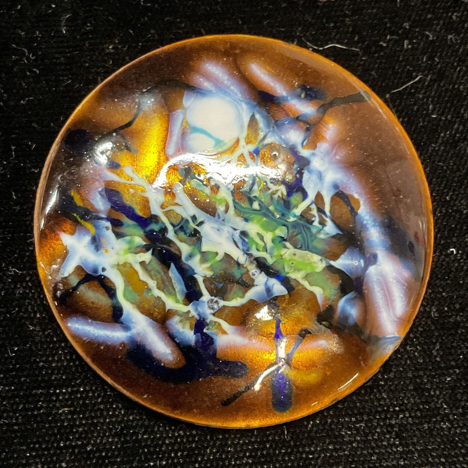 Handmade Enameled Copper Brooch: Handmade enameled copper brooch with splatter design. Measures approx 1.75 inches wide. Some wear including scratching. Jewelry, estate jewelry, costume jewelry, cocktail jewelry, fashion jewelry, acc