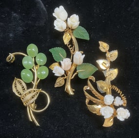 Lot 3 Gold Tn Semiprecious Botanical Brooches