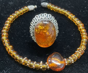 Lot 2 MET Silver Tn Amber Ring, Amber Bracelet