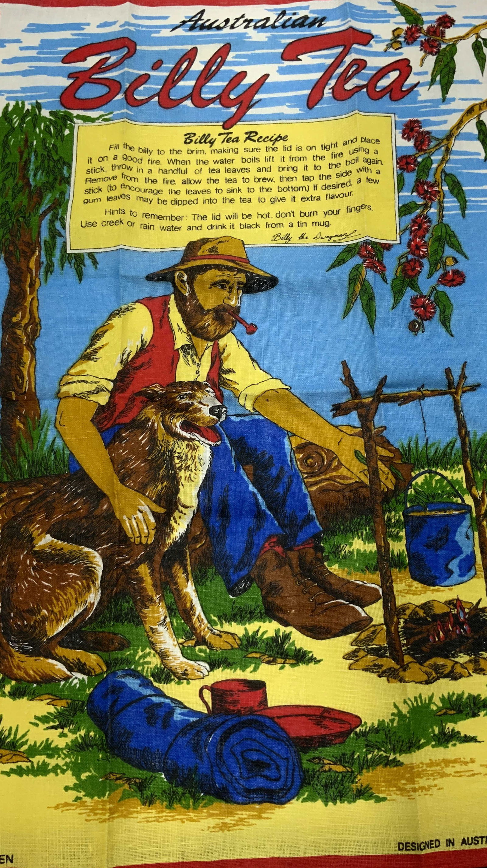 Vntg Australian Billy Tea Towel CZECHOSLOVAKIA: Vntg Australian Billy Tea Towel CZECHOSLOVAKIA Tea linen towel that has an illustration of a man & his dog. The man has a red pipe in his mouth & is boiling water & adding leaves. The tea linen towel