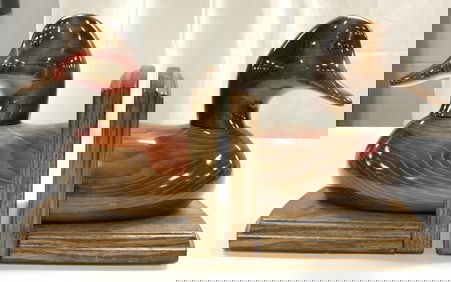BUNDY & COMPANY Carved Wooden Duck Bookends