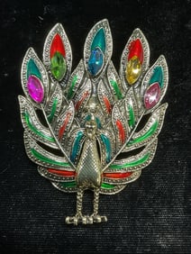 Gold Tone Crystal Peacock Brooch, 3 in L