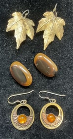 Lot 3 Gold Tone Amber Earrings + More