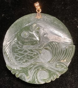 Vintage Carved Asian Jade Fish Pendant, 14k Gold