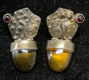 Signed Sterling Silver Garnet Amber Glass Earrings