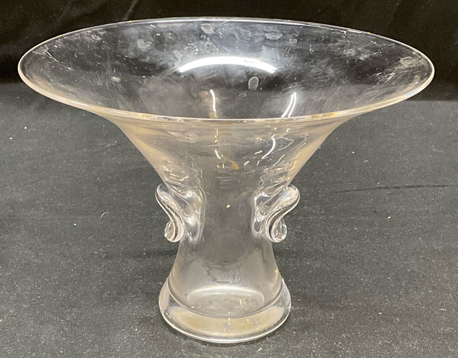 Vtg Steuben Art Glass Fluted Trumpet Vase: Vintage Steuben Art glass vase. Fluted trumpet shape. Design by George Thompson. Signed on underside. Measures approx 6.75 x 4.75 inches. Some scratching observed. Steuben, Steuben vase, art glass vas