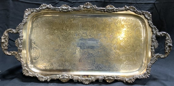 Vtg Ornate Footed Silver Plate Serv Tray W Handles