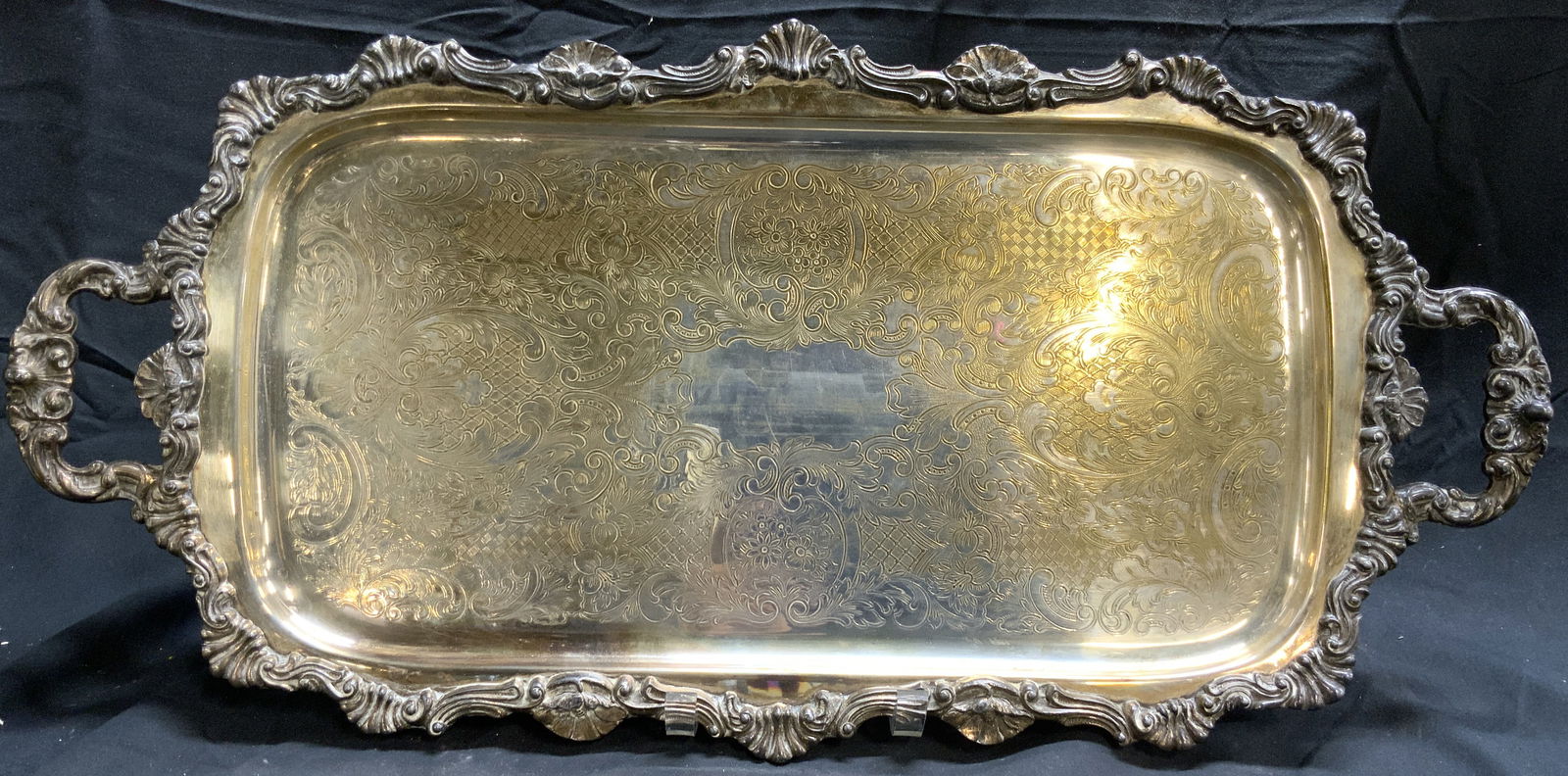 Vtg Ornate Footed Silver Plate Serv Tray W Handles (1 of 9)