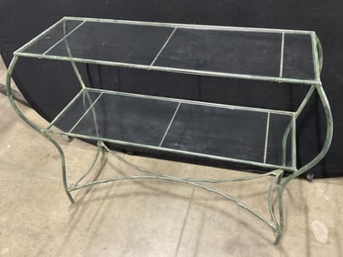 Vintage Green Iron Two Tiered Glass Top Side Table