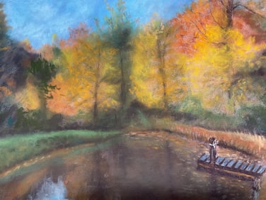 Autumn Lake Landscape Scene Pastel Drawing