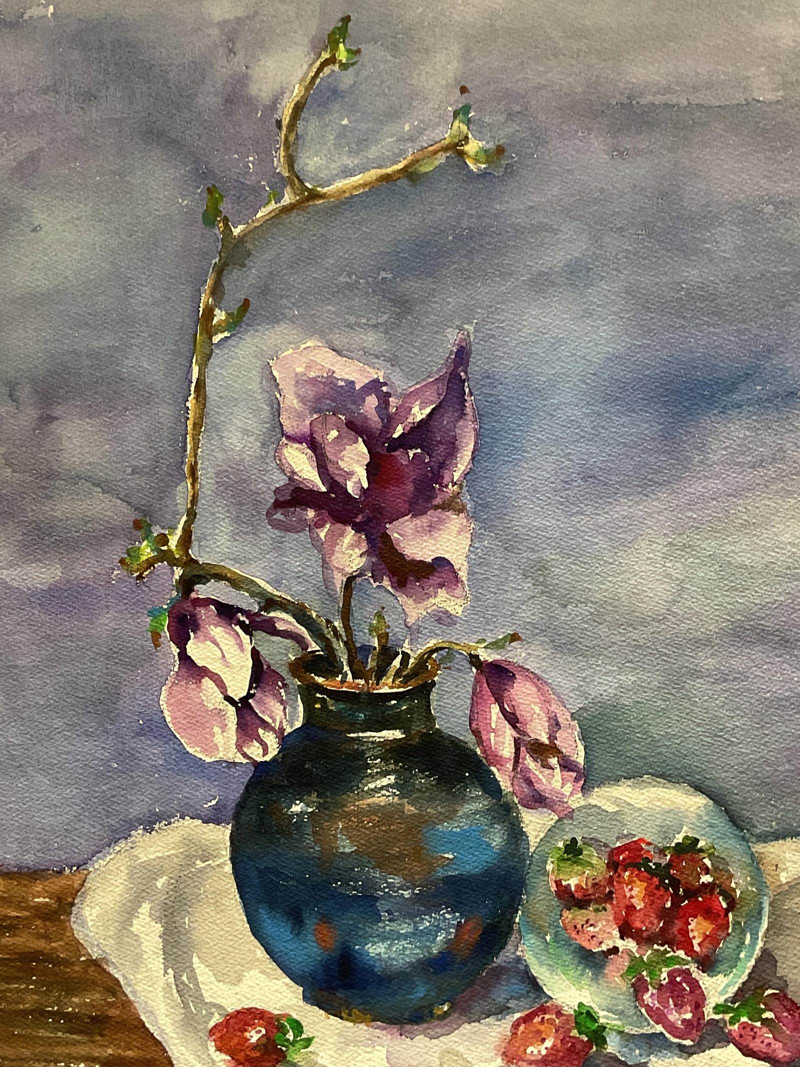 Still Life Flowers & Strawberries Watercolor: Watercolor painting on paper. Vase of purple flowers with bowl of strawberries on purple background. Paper measures approx 30 x 22.5 inches. Some wear including rubbing. Art, watercolor painting, work