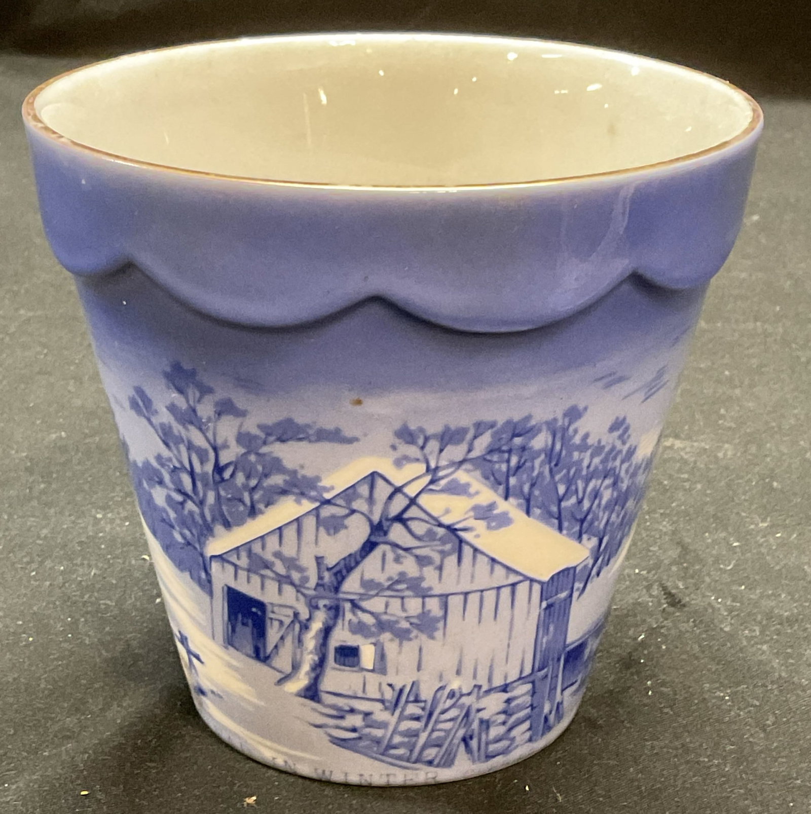 Winter Old Homestead Porcelain Planter Japan: The Old Homestead In Winter pastoral scene porcelain planter in blue. Measures approx 4.5 x 4 inches. Made in Japan. Some wear including scratching and loss to gilt. Planter, porcelain planter, winter