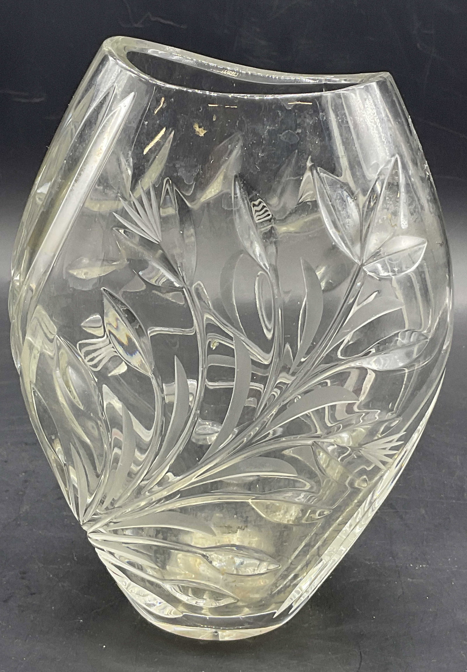 Cut Crystal Floral Motif Vase: Cut Crystal Floral Motif Vase. Measures approx. 7H x 5W in. Measured at widest point. Weighty piece. Residue and surface wear present. Cut Crystal Floral Motif Vase, home decor, home accents, homeware