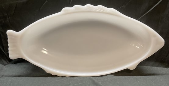 GLASBAKE Milk Glass Fish Serving Dish USA 18in