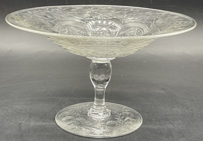 Signed Etched Floral Crystal Pedestal Dish, Eng