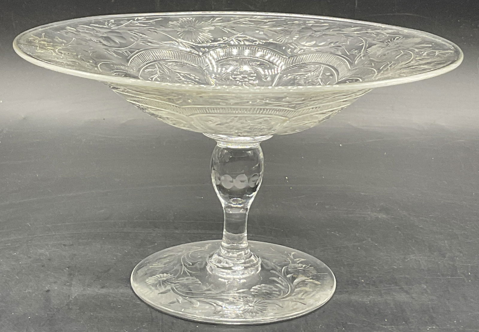Signed Etched Floral Crystal Pedestal Dish, Eng (1 of 6)