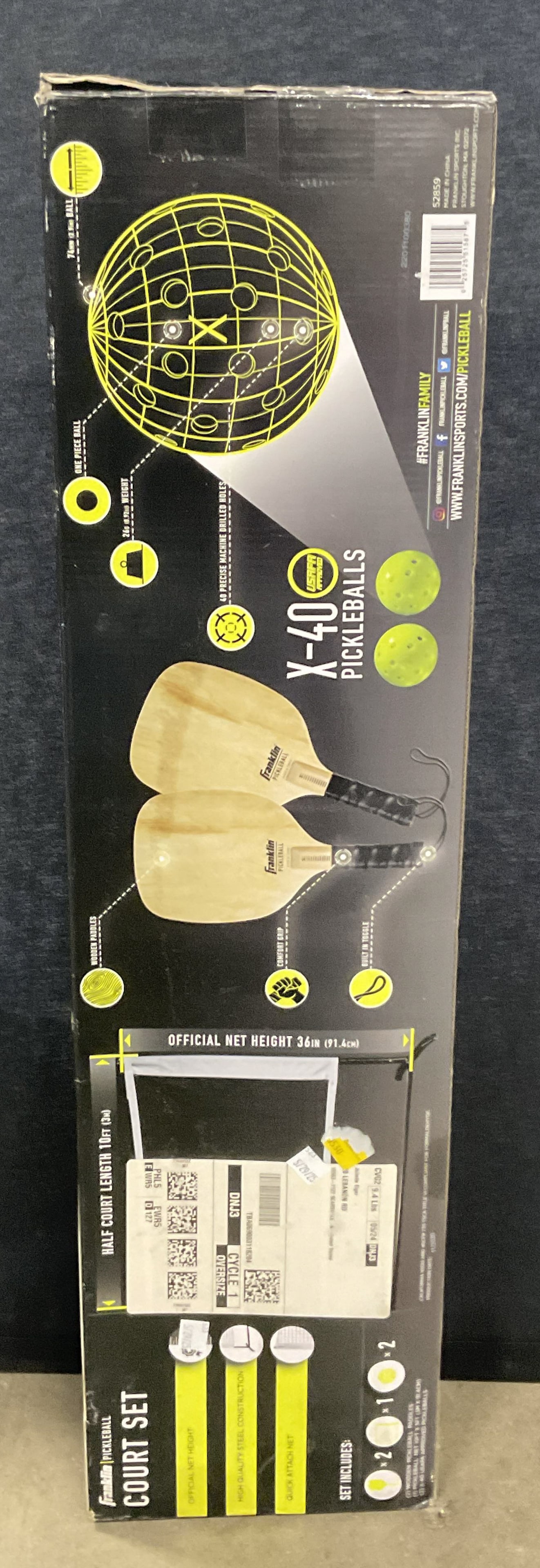 FRANKLIN Pickleball Court Set, Original Box: FRANKLIN Pickleball Court Set. Contained in its original box, appears to have not been used. Not examined out of packaging. The box measures approx. 32W x 8.25H in. Measured at widest point. Surface w