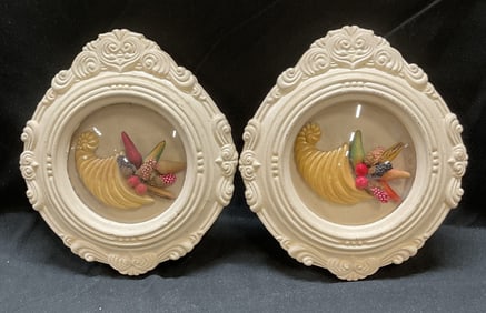 Pair Ceramic Framed Cornucopia Wall Plaques