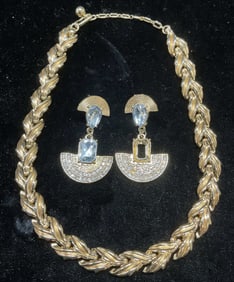 Lot 2 Vtg Gold Tn Choker & Crystal Earrings