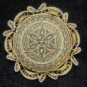 Gold Tone Filigree Damascene Style Brooch