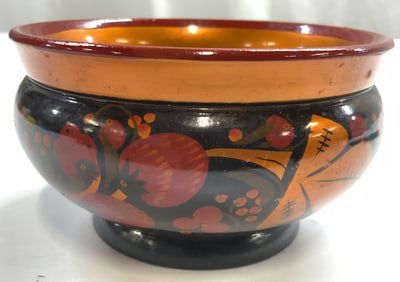 Russian Khokhloma Bowl Vessel W Floral Detail