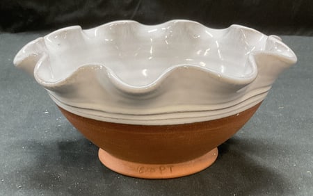 Signed SP PT Ruffled White Ceramic Bowl