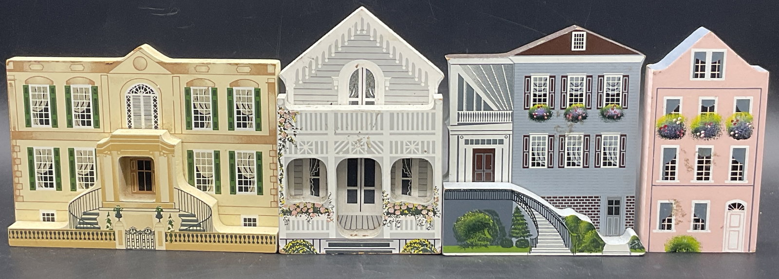 SHEILA 1990 & 1993 Signed Wooden Building Figurals: SHEILA 1990 & 1993 Signed Wooden Building Figurals. Pieces are signed and read either SHEILA 1990 or SHEILA 1993. The buildings all have names and blurbs to the reverse. The Owens Thomas House measure