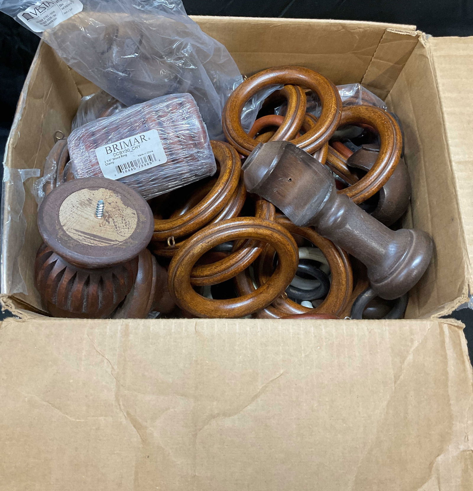 50+ Wood Rings & Brackets Kitchen Hardware NIP: Large group lot of 50+ pieces kitchen or home hardware. Wood rings and wall brackets. Many pieces appear New, some in original packaging. Manufacturer labels read Vesta and Brimar. Sizes and colors an