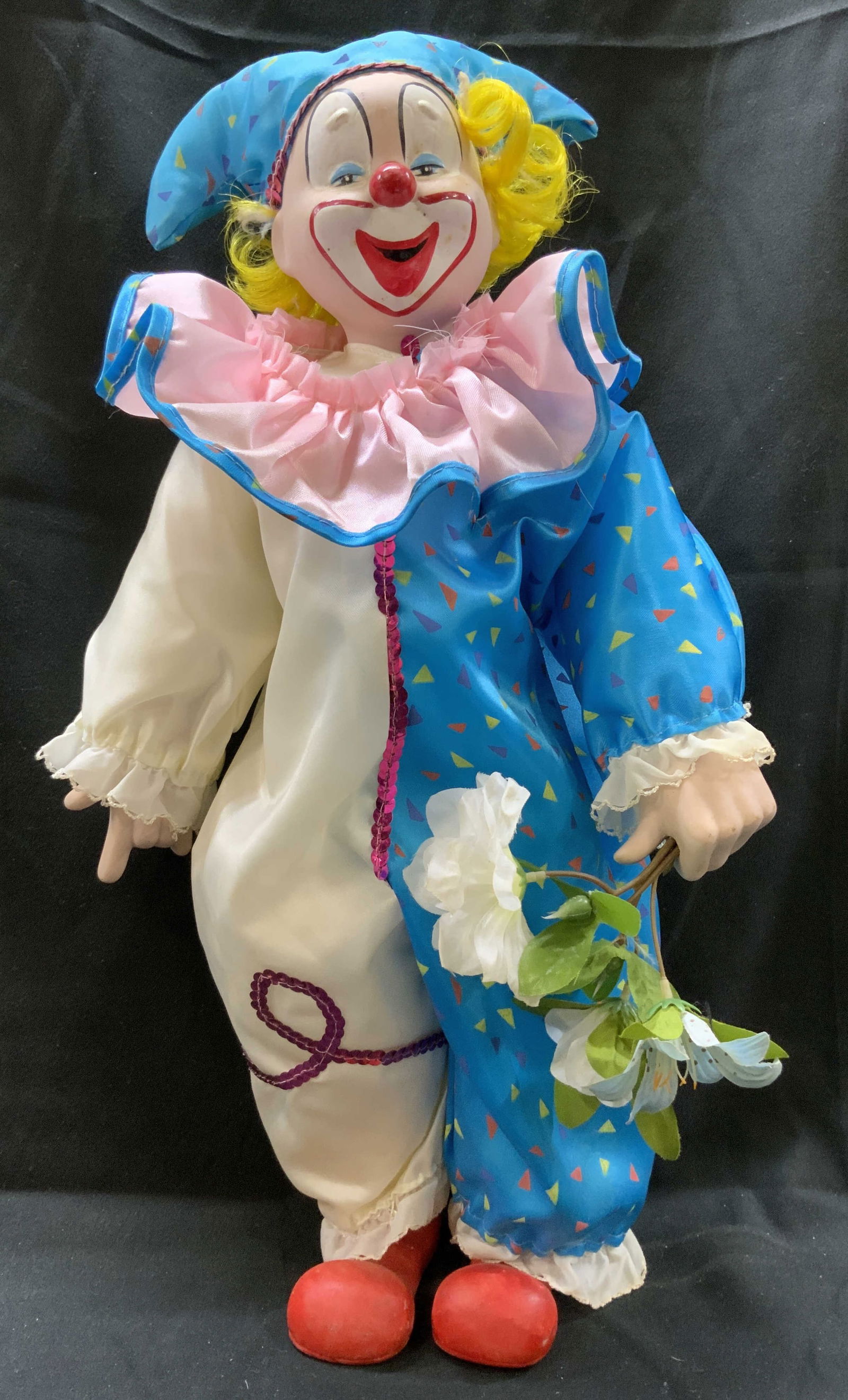 Vintage Porcelain Clown Doll w White&Blue Jumpsuit (1 of 7)