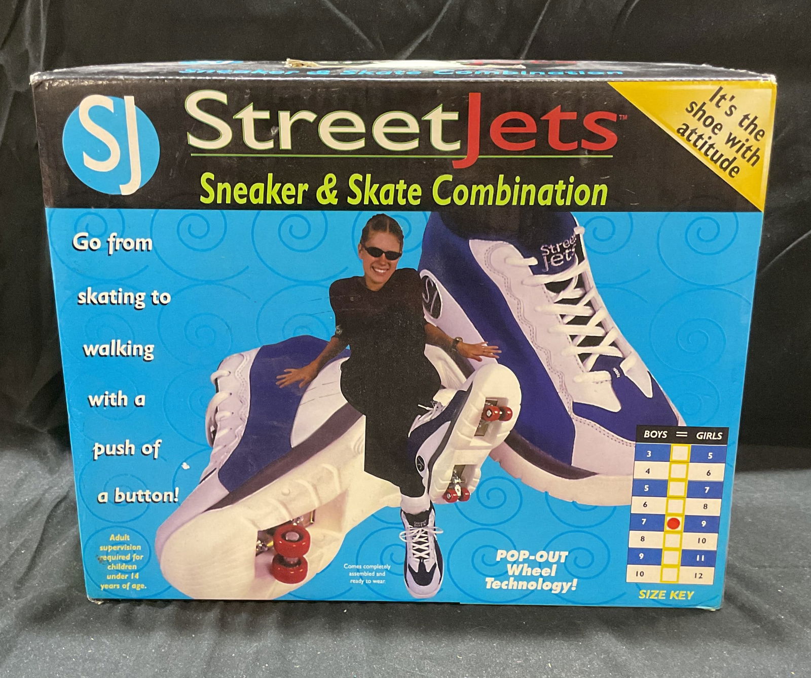 2001 Y2K Vtg StreetJets Skate Sneakers NIB: Vintage Y2K 2001 StreetJets roller skate and sneaker combination shoes. New in box. Size 7 boys/9 girls. Blue and white. Wear to material consistent with age and exposure. Cracking observed. StreetJet