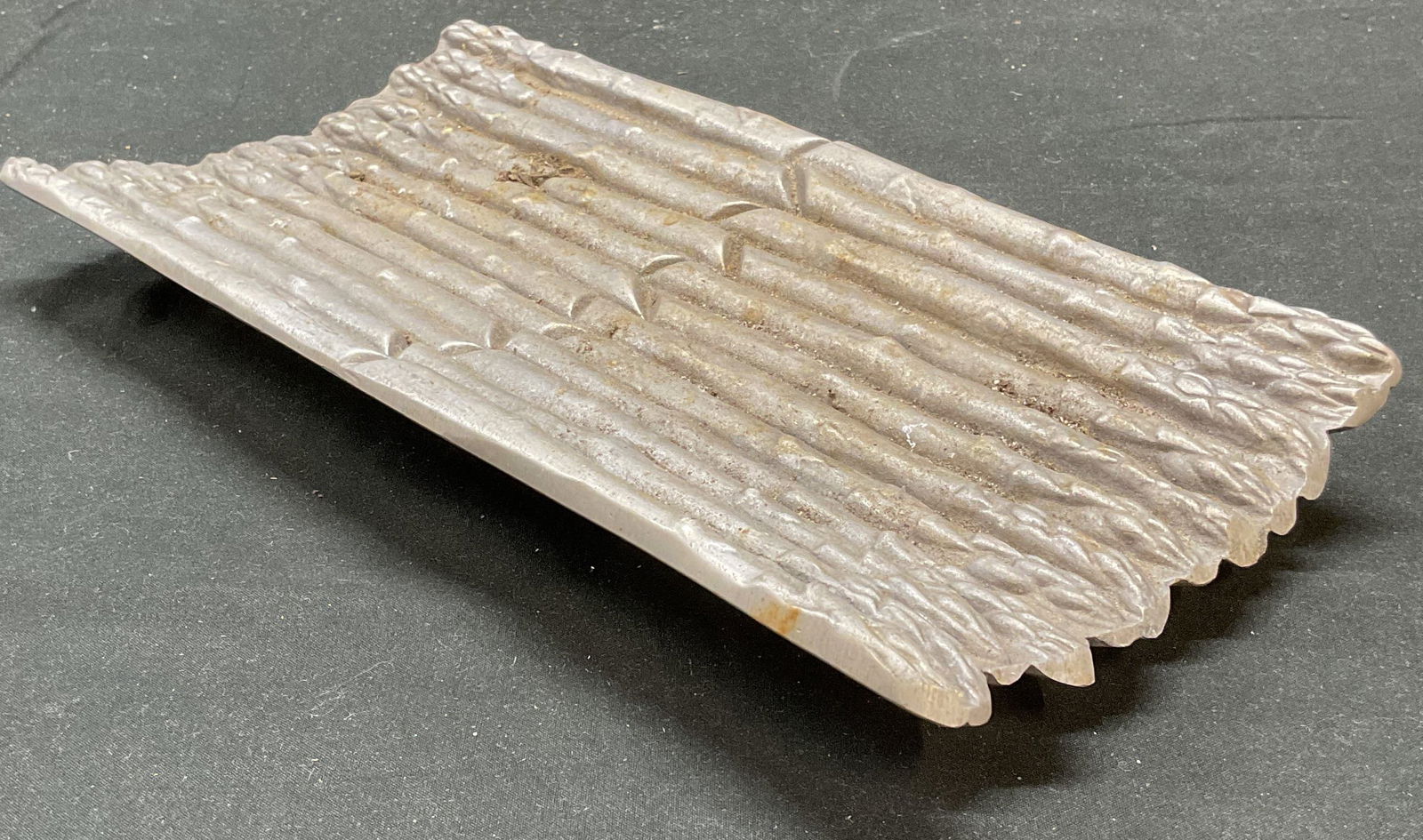 Wilton Co Pewter Asparagus Platter: Wilton Co pewter asparagus motif platter. Signed on underside. Measures approx 11.5 x 5.75 inches. Piece had weight. Some wear including scratching. Wilton co, Wilton co platter, pewter platter, aspar