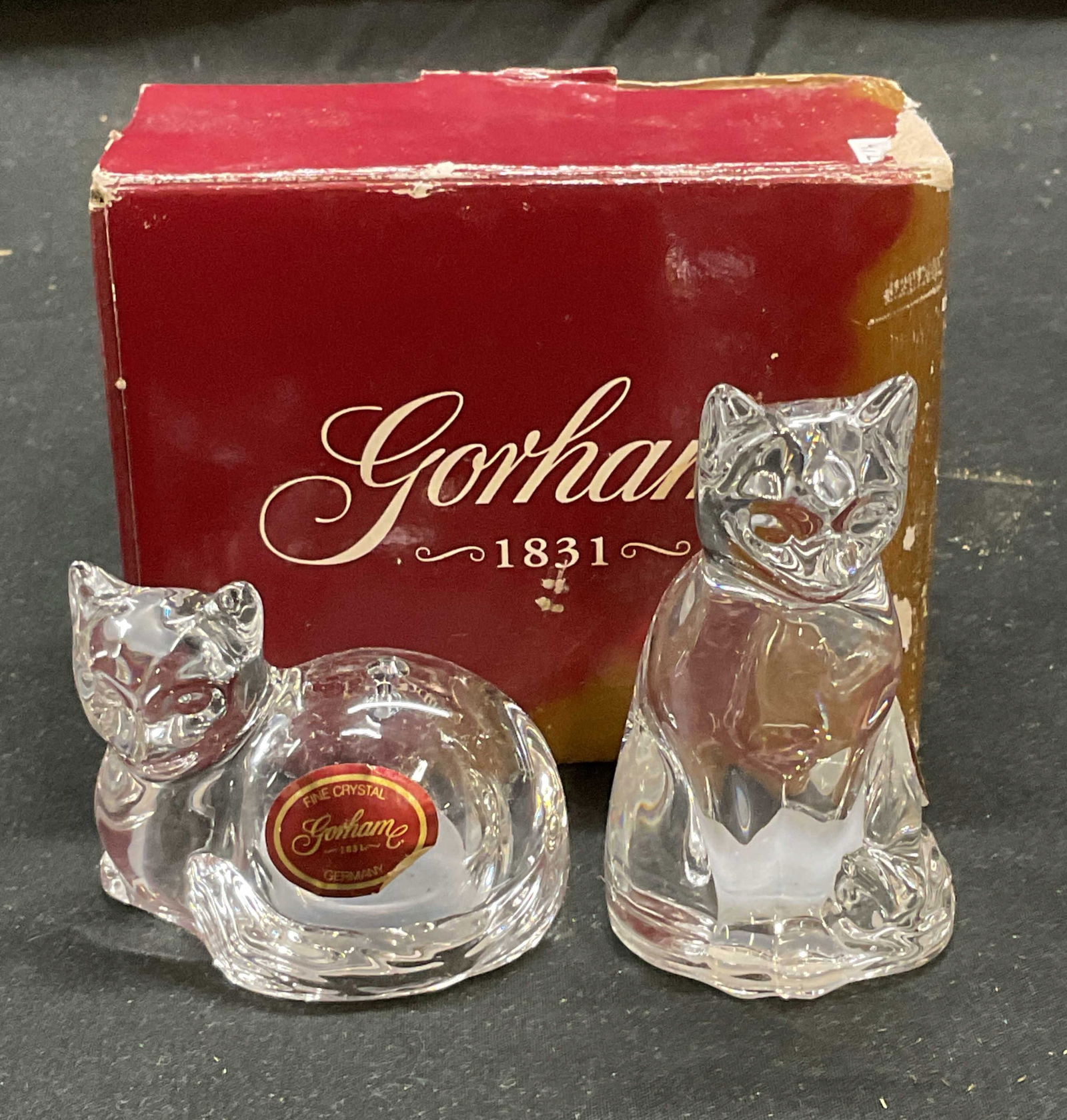 GORHAM Grmny Crystal Cat Salt & Pepper Shakers NIB: GORHAM Germany crystal cat motif salt and pepper shakers. New in box. Larger piece approx 3.25 inches tall. Wear to box consistent with exposure. GORHAM crystal GORHAM salt and pepper shake, crystal s