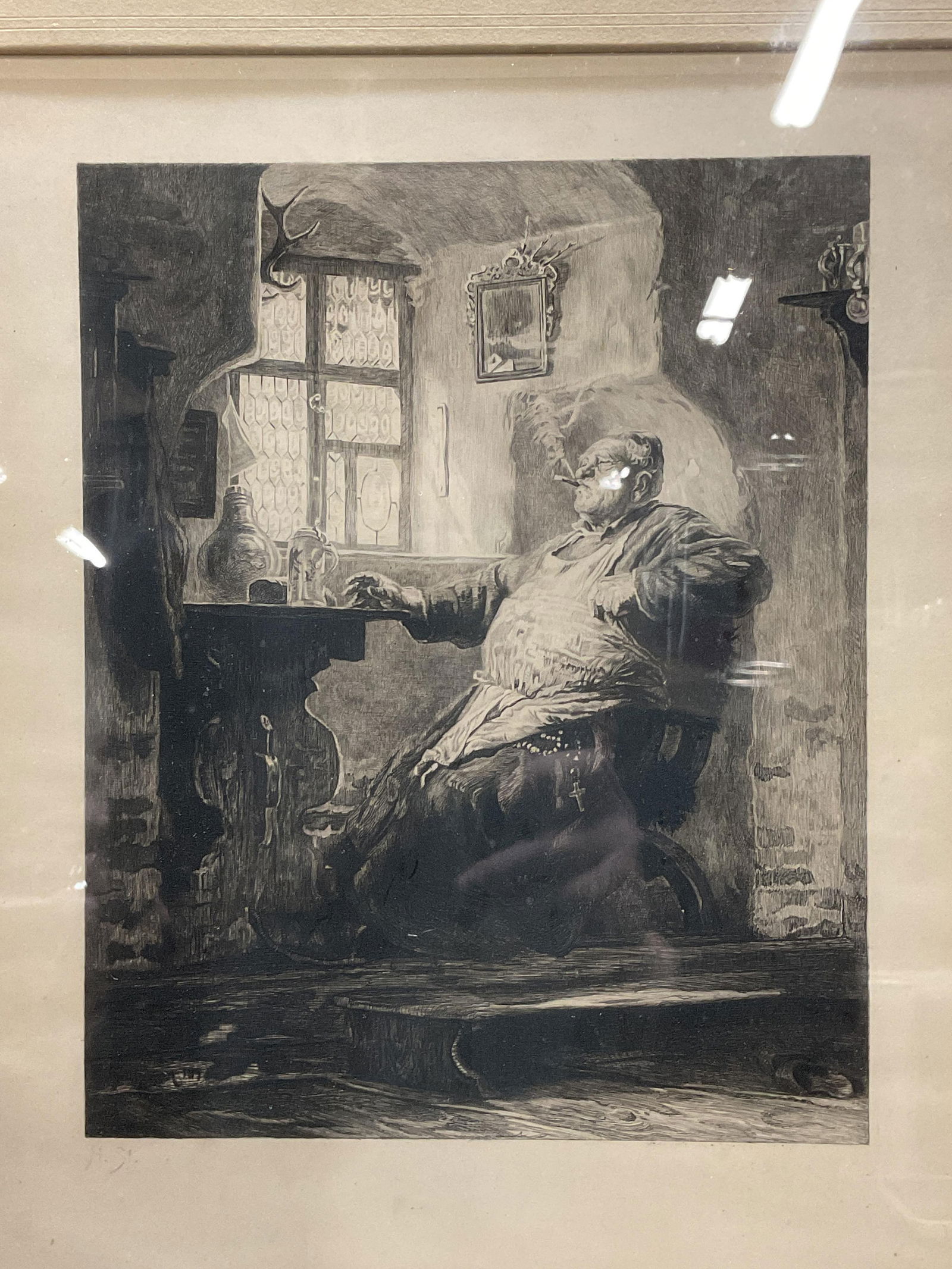 Framed Man Smoking Pipe Lithograph (1 of 6)