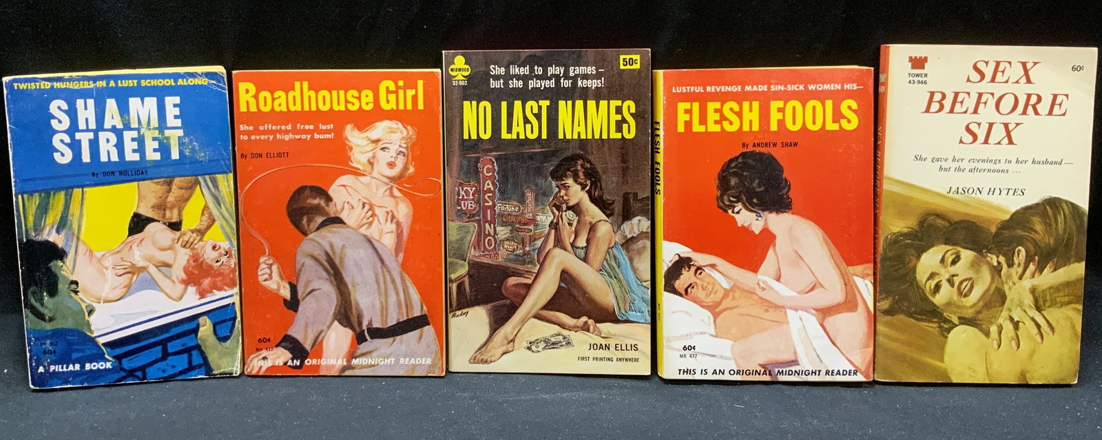 Lot 5 Vntg Pulp Fiction Erotica Books 1960s: Lot 5 Vntg Pulp Fiction Erotica Books 1960s 5 erotica books, including Shame Street by Don Holliday, Sex Before Six by Jason Hytes, Flesh Fools by Andrew Shaw, No Last Names by Joan Ellis, Roadhouse g