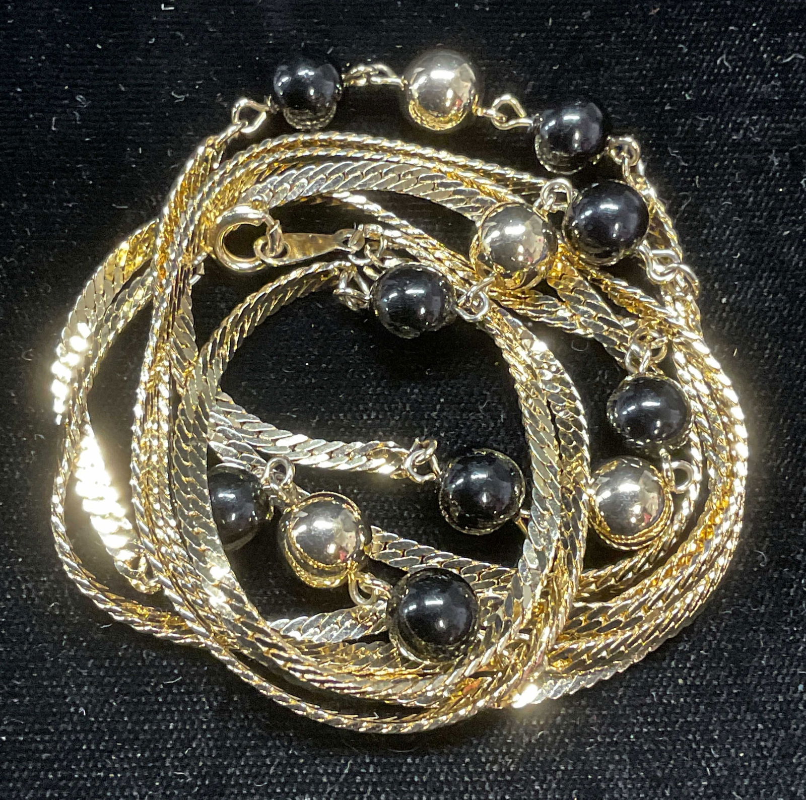 Gold Tone Beaded Double Chain Necklace: Gold tone double chain necklace with beaded decoration. Drop length approx 11.5 inches. Some scratching observed. Jewelry, estate jewelry, costume jewelry, cocktail jewelry, fashion jewelry, wearables