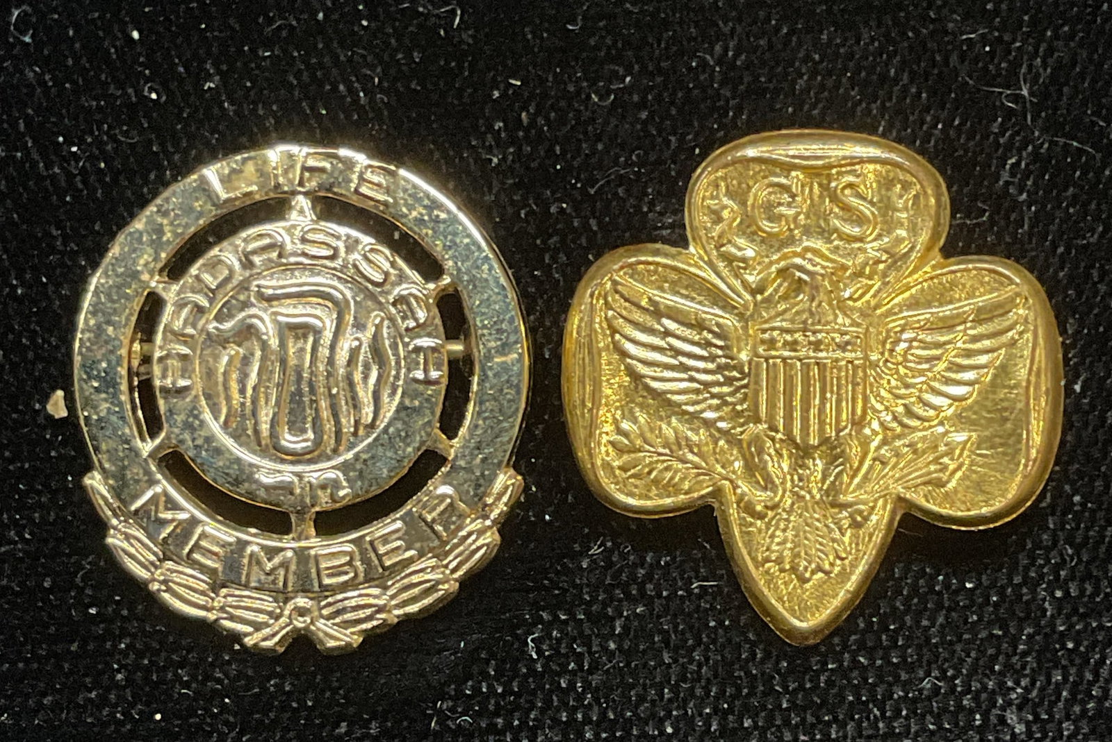 Lot 2 GS American Coat of Arms Pin, More: Good tone GS American Eagle coat of arms pin and gold filled Hadassah Life Member pin. Measure approx .75 inches wide. Some scratching observed. Jewelry, estate jewelry, costume jewelry, cocktail jewe