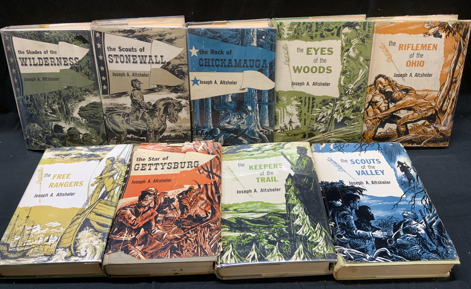 9 Joseph A. Altsheler Western Fiction Books c1917+: Lot 9 Joseph A. Altsheler Western Fiction Books 1917+ 9 hardcover western fiction books including, The Eyes of the Woods, The Rock of Chickamauga, The Free Rangers, The Scouts of Stonewall, The Shades