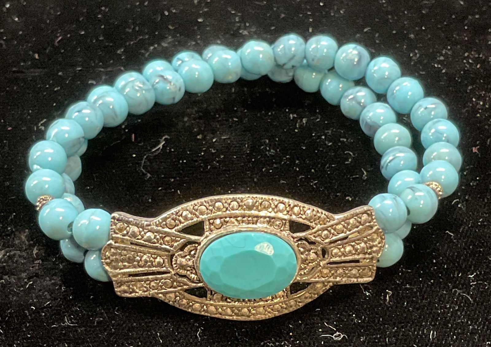 Vtg Silver Tn Faux Turquoise Crystal Bracelet (1 of 6)