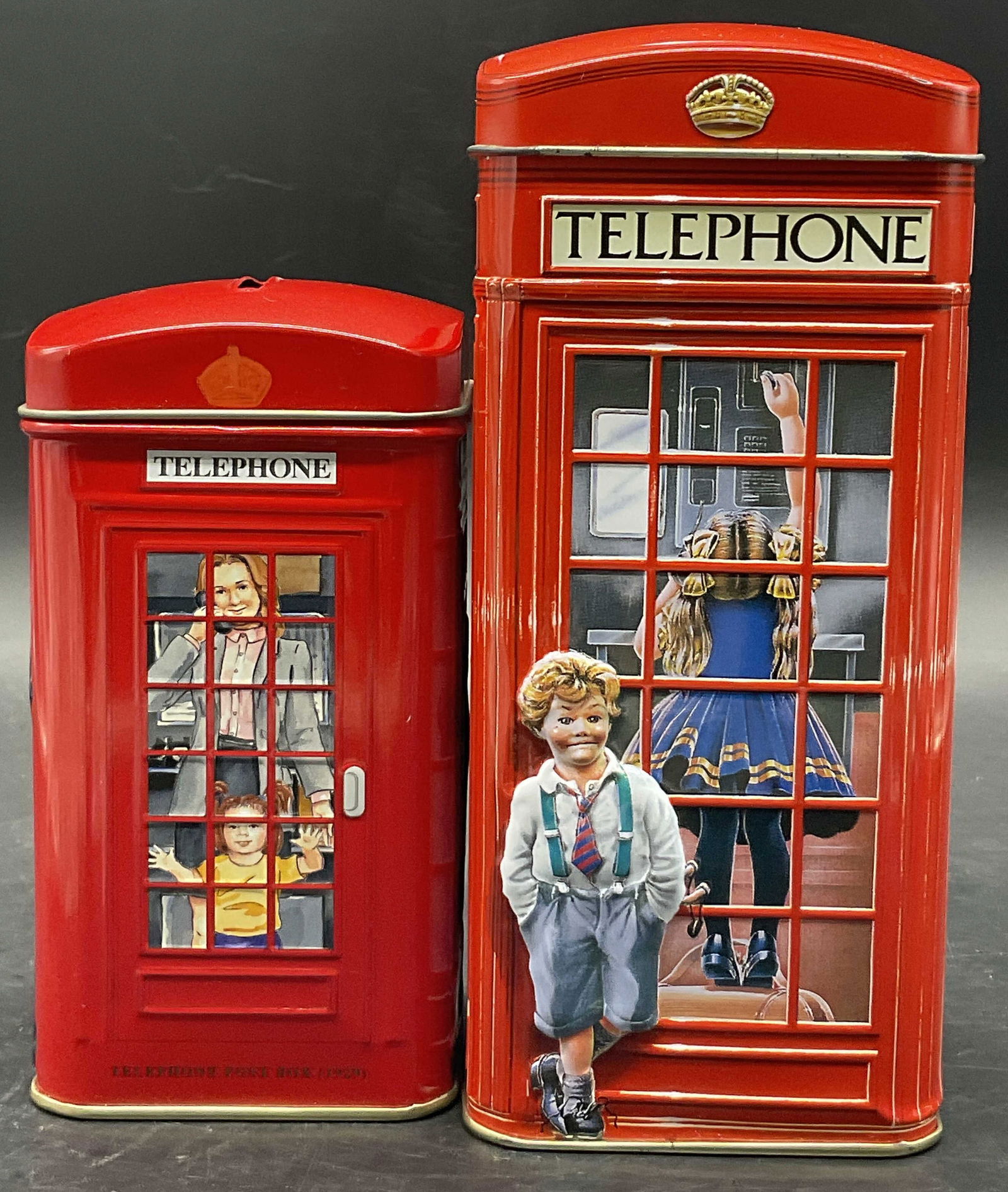 Lot 2 Telephone Booth Motif Coin Bank Tins, Lid (1 of 8)