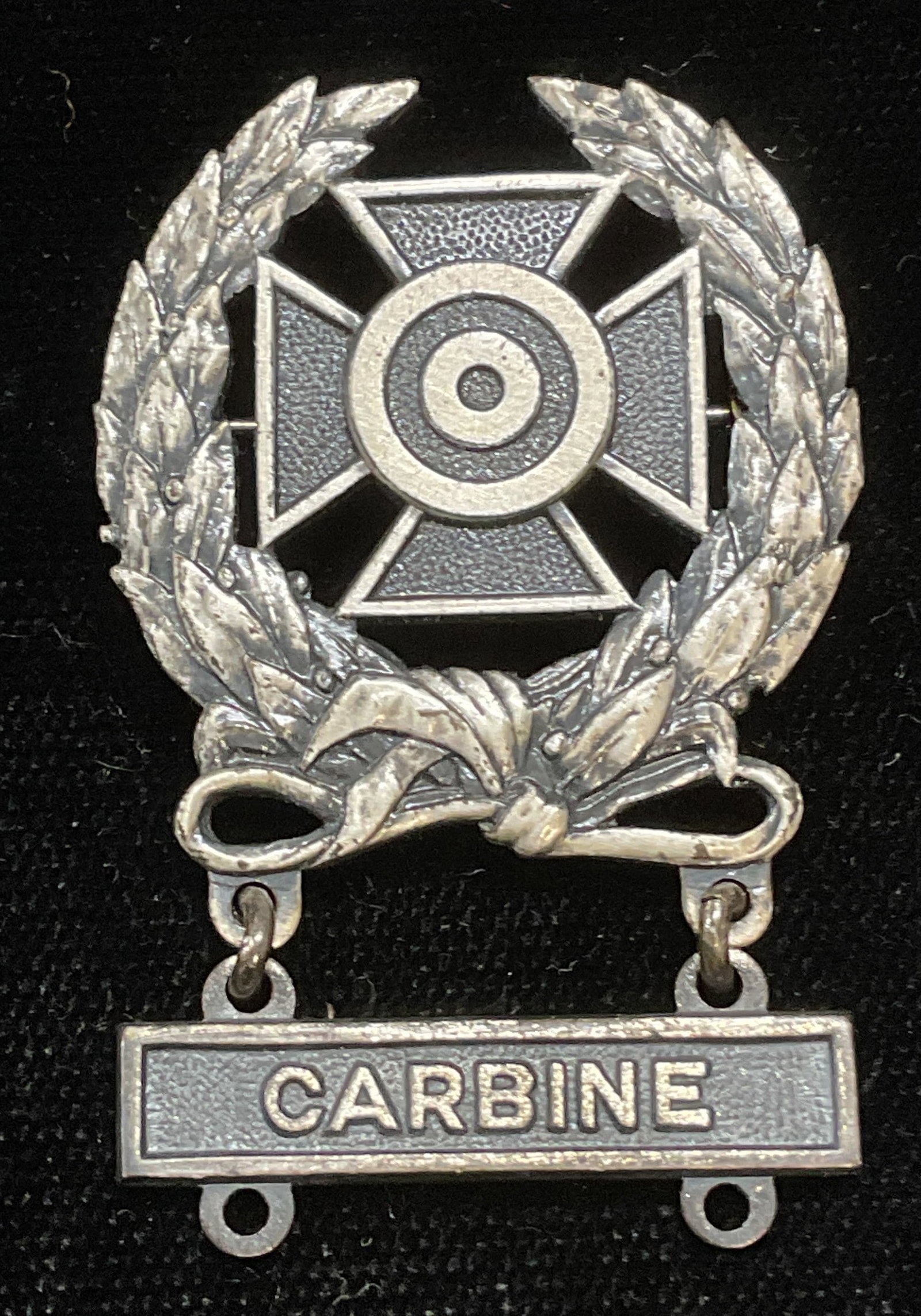 Krew Sterling Silver Military Carbine Pin: Sterling silver military carbine pin. Marked sterling, Krew G-I. Measures approx 1.75 x 1 inches. Total weight .35 ozt. Some scratching observed. Jewelry, estate jewelry, fine jewelry, cocktail jewelr